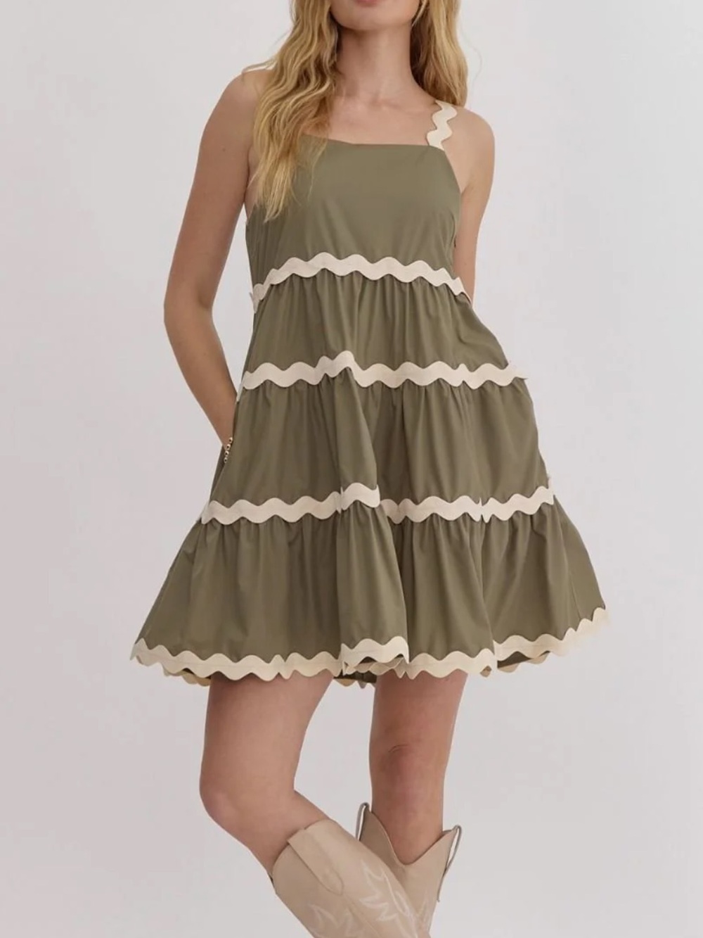Tiered Scalloped Ric Rac Bump Friendly Trim Dress- Olive